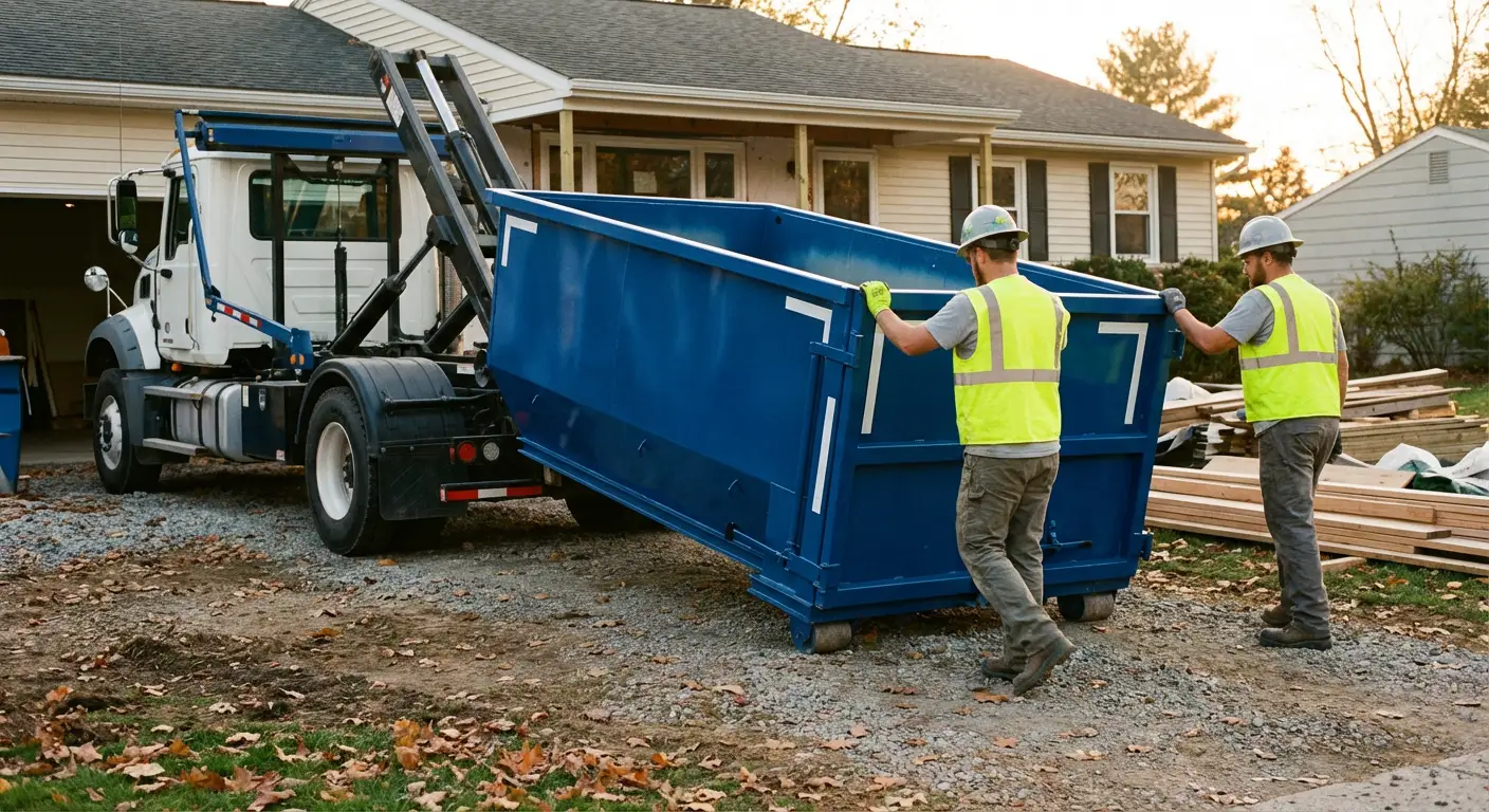 Construction dumpster delivery truck in action in Belton, TX