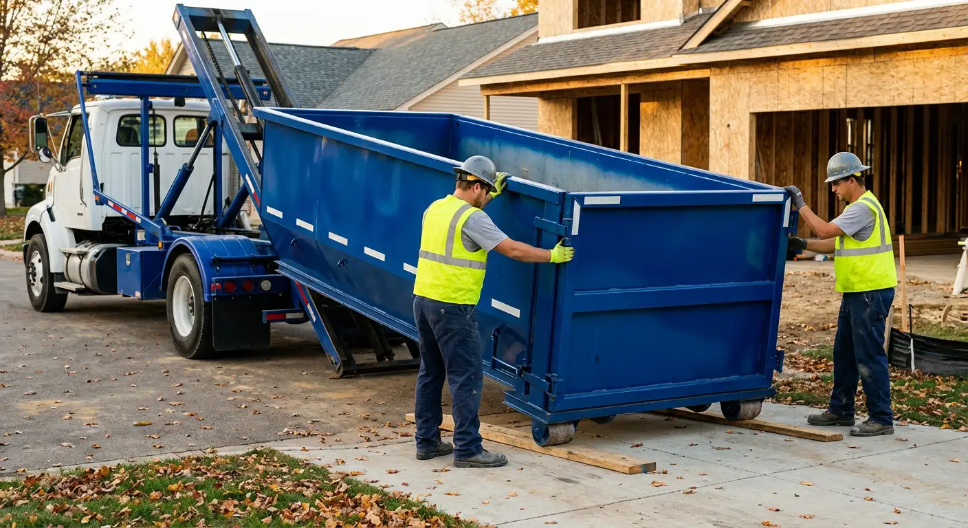 Roll-off dumpster delivery truck in residential area in Belton, TX