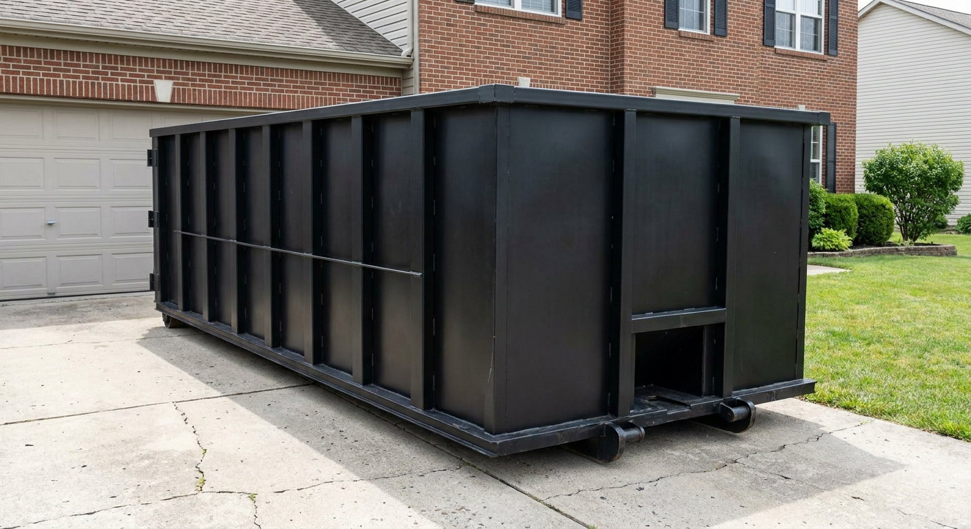Matte-black 20-yard roll-off container on a Belton residential concrete driveway with reinforced ribbed steel sidewalls and a hinged rear walk-in door, clean bright daylight.