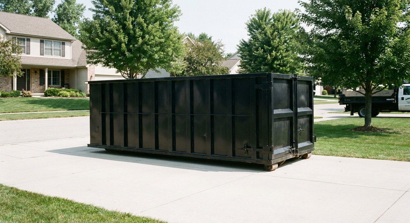 Matte-black 20-yard roll-off dumpster sitting level on a clean Belton residential concrete driveway under bright daylight, demonstrating clean placement directly on the concrete.