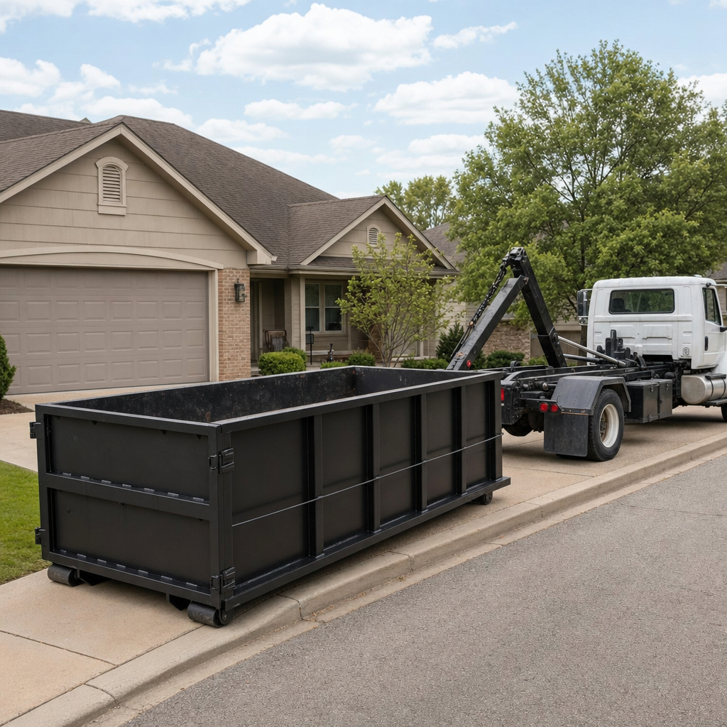 Wide documentary shot of a matte-black roll-off dumpster on a Belton residential driveway in the foreground and a contractor jobsite container in the soft-focus background, bright daylight, calm and orderly composition.