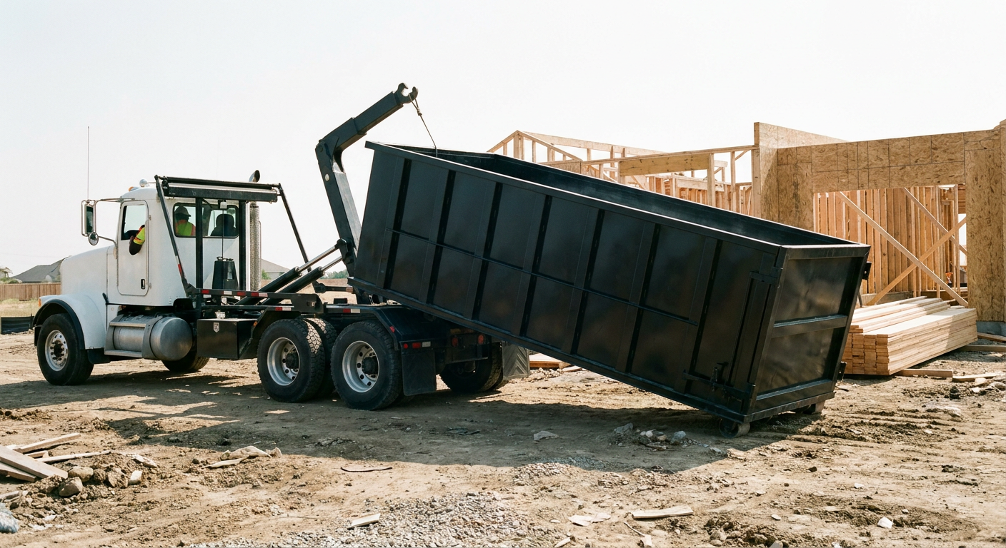 Matte-black roll-off dumpster being delivered onto a clean residential concrete driveway in Belton by an unmarked white hooklift hauler truck, bright morning daylight, documentary 35mm perspective.